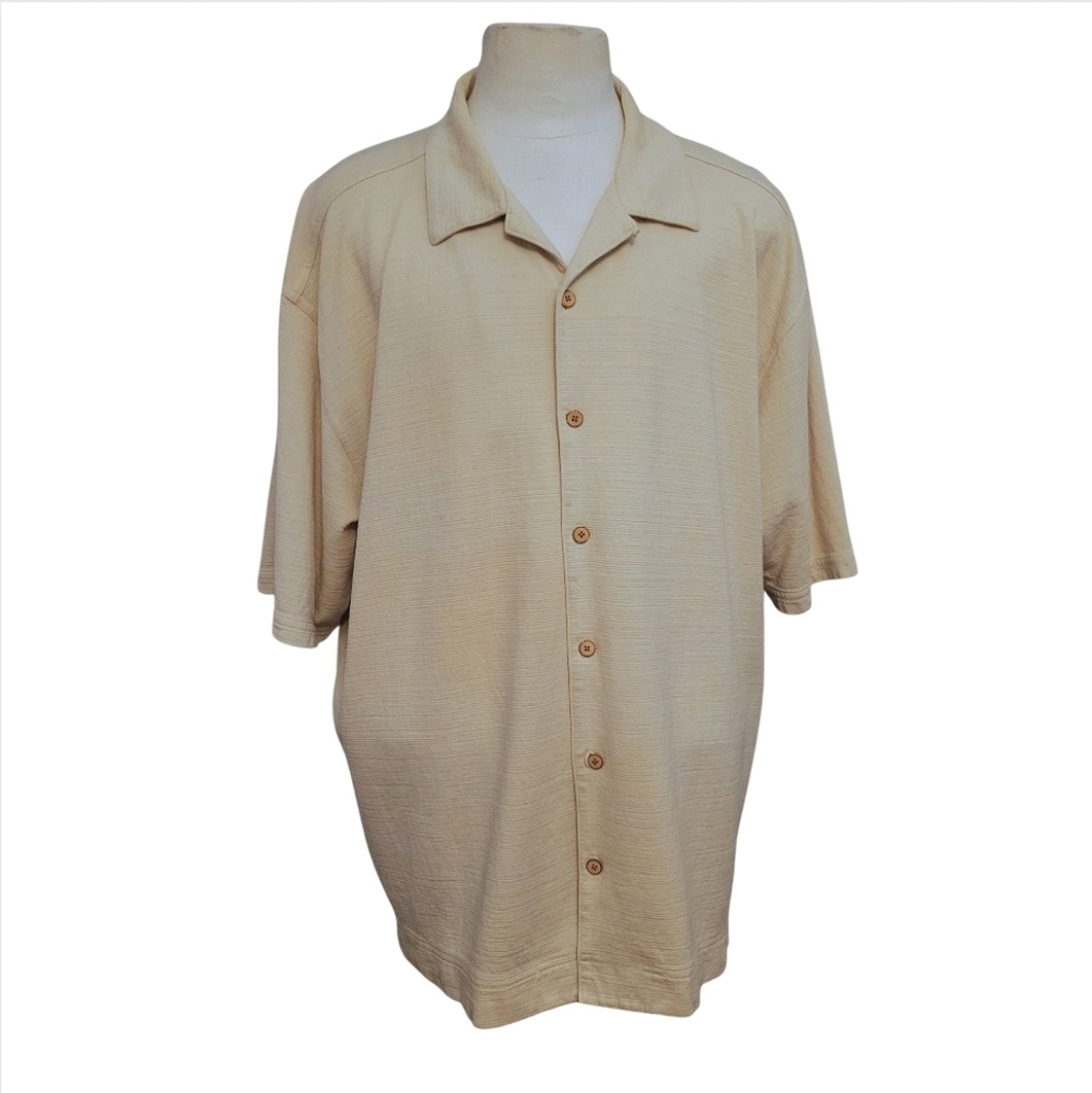Tommy Bahama Men's 2XL Silk Cotton Blend Short Sleeve Beige Hawaiian Crepe Shirt